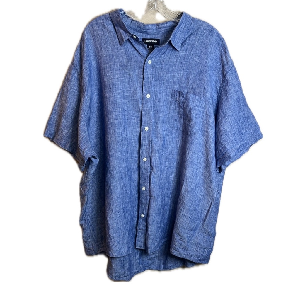 Lands' End XXL Blue Casual Button Down 100 % Linen Shirt Relaxed Fit